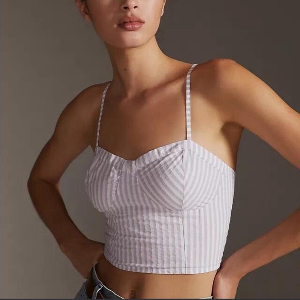 NWT Anthropologie Bustier Purple Stripe Smocked Crop Blouse - Picture 1 of 5